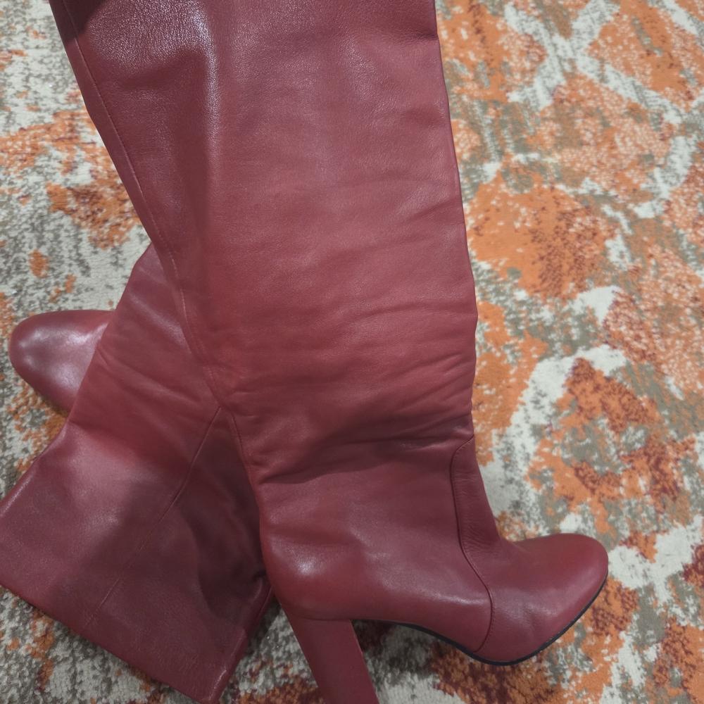Women's Tall Red Leather Block Heel Boots